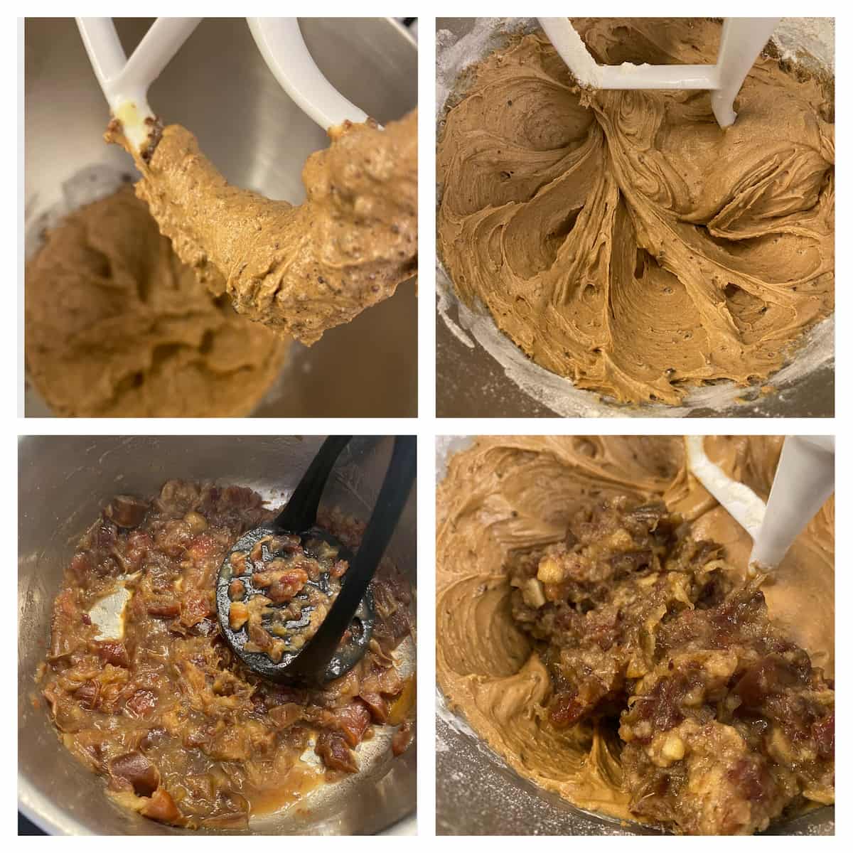 4 steps of mixing the molasses dark sugar with eggs and flour and adding a date paste
