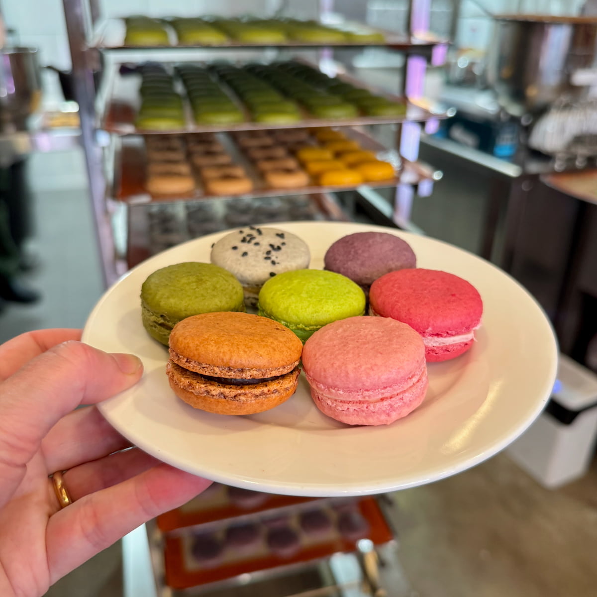Cafe Pouchine Paris macarons holding a plate of seven colourful macarons in front of trays of macaron shells in a patisserie