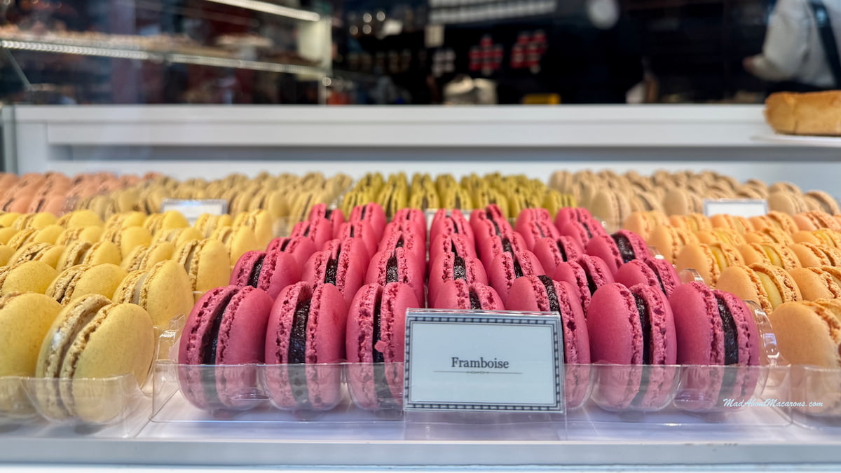 laduree macaron tagada marshmallow perfect raspberry macarons in a Parisian shop window
