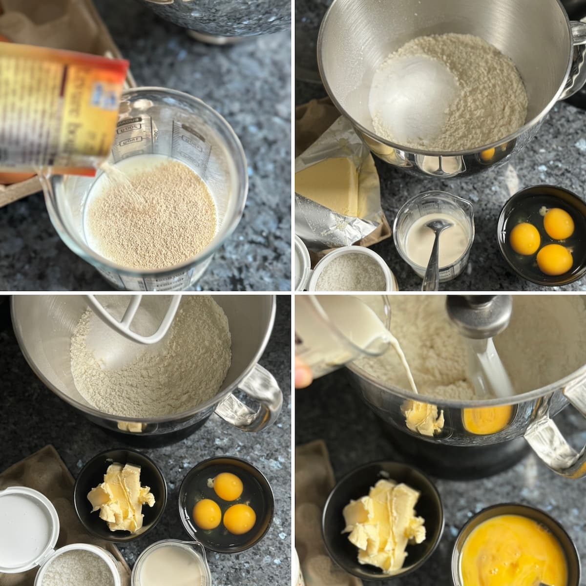 brioche-breakfast-jam-kids four recipe steps to making French brioche, showing adding instant yeast to warm milk and gradually adding eggs, butter and salt to the bowl of flour and sugar