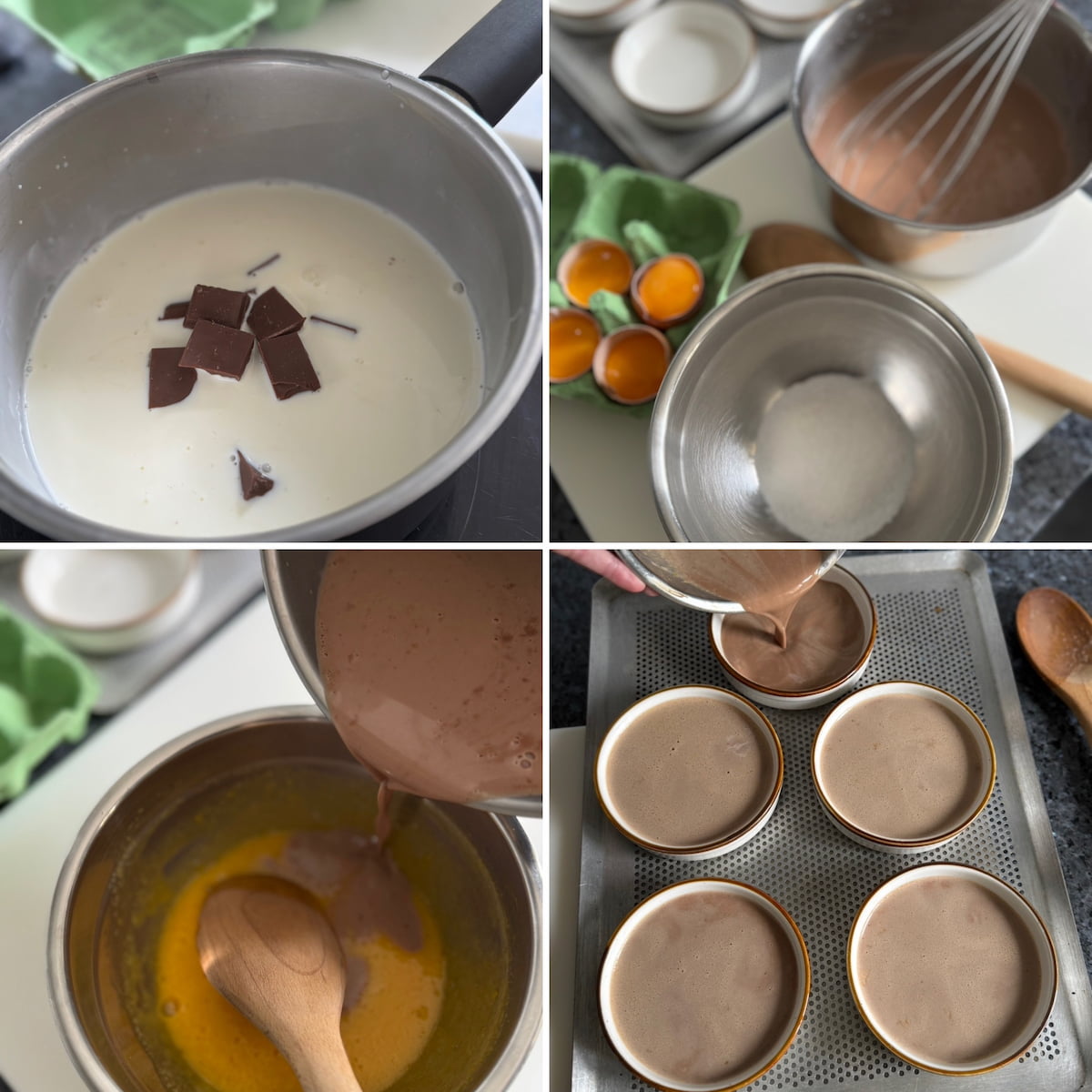 four simple recipe steps to make a chocolate creme brulee: melt milk chocolate in heated half and half cream, stir into whisked egg yolks and sugar then pour into shallow ramekins on a baking sheet