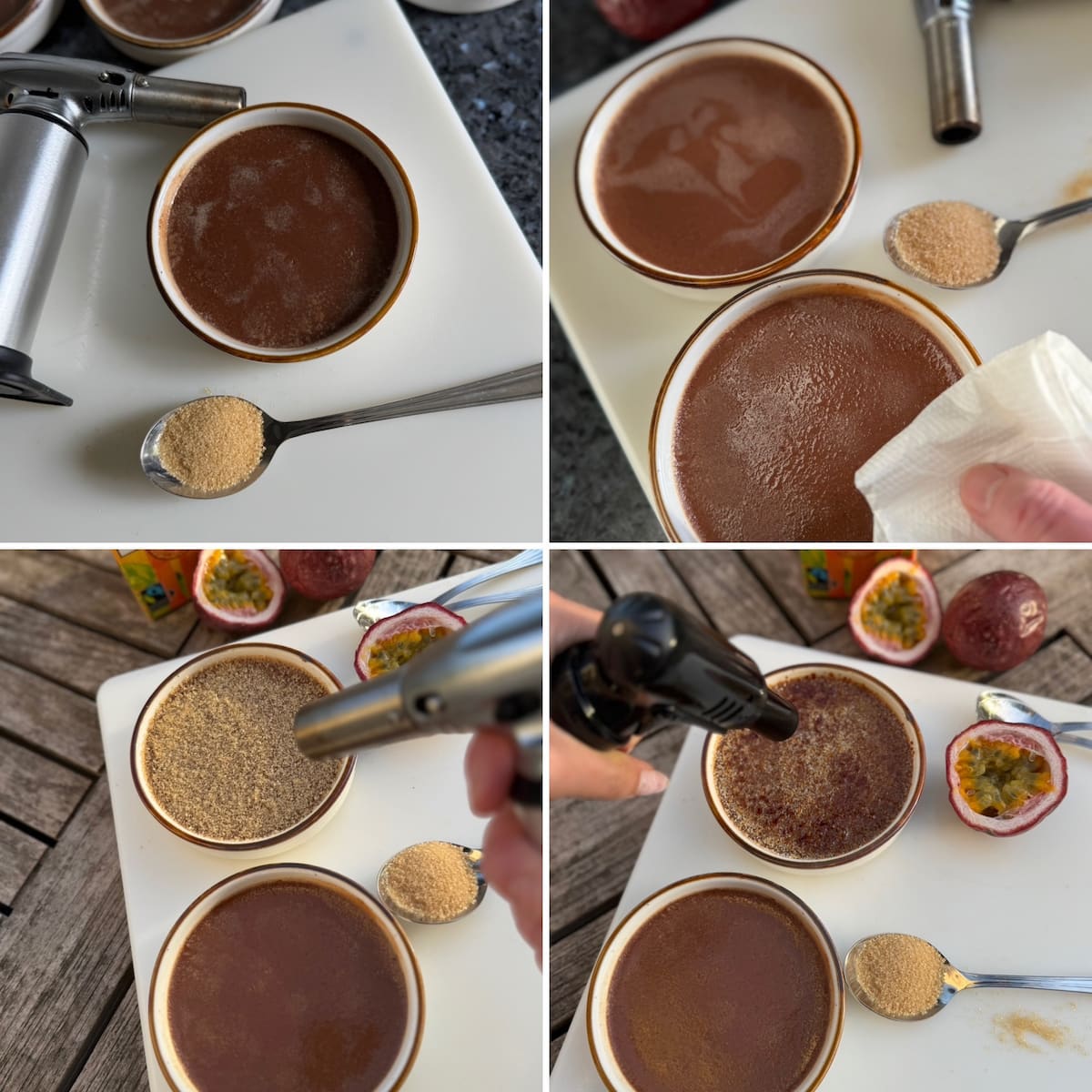step by step how to caramelise the sugar of chocolate crème brûlées with a kitchen torch