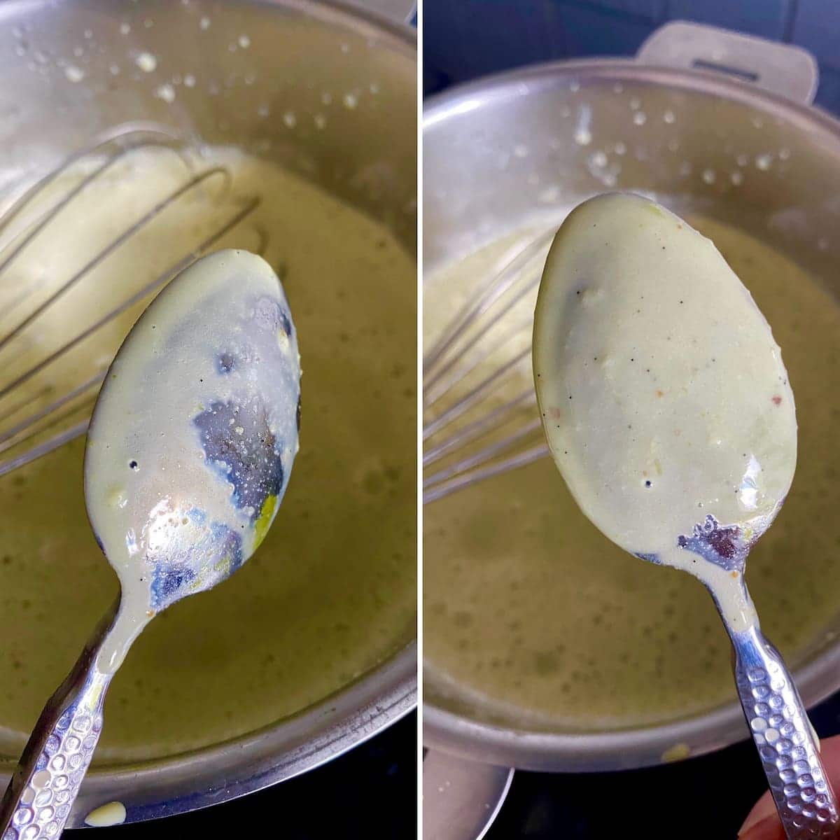 the ice cream custard is ready when the liquid coats a spoon