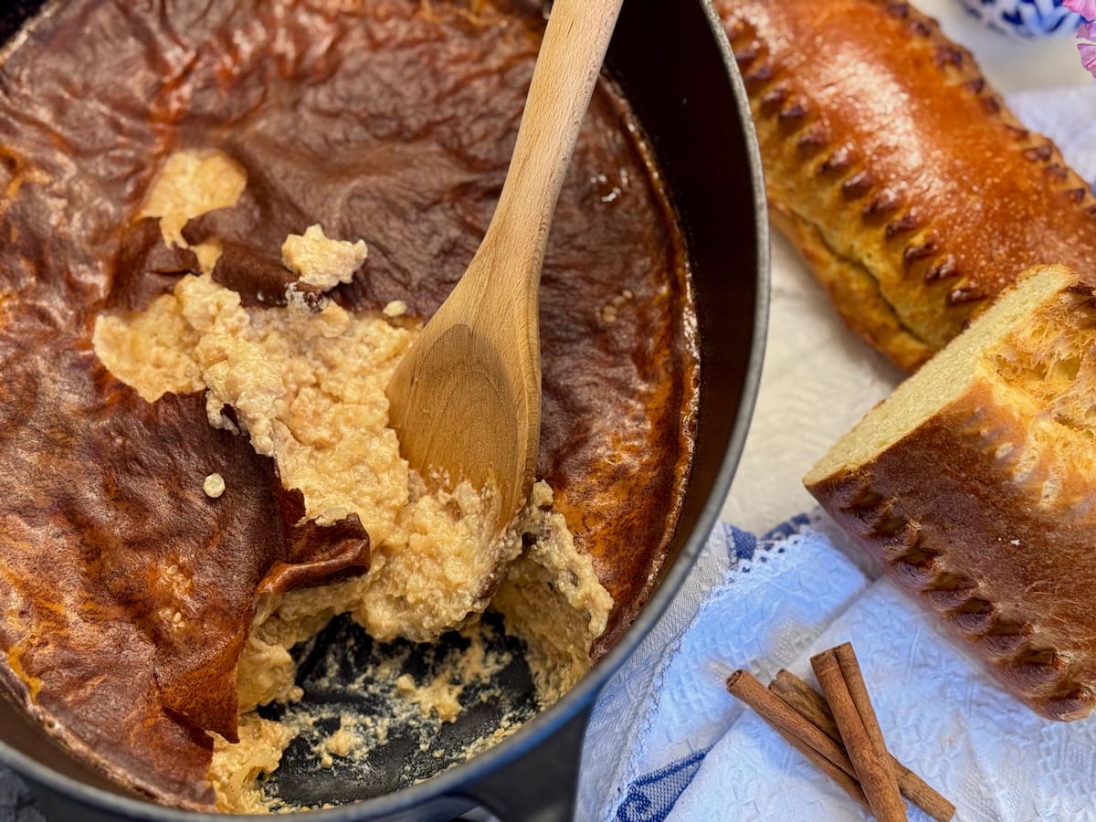 Baked-Rice-Pudding-with-carmelised-skin Creamy baked rice pudding known as la Tuergoule in France, served with le Fallue brioche