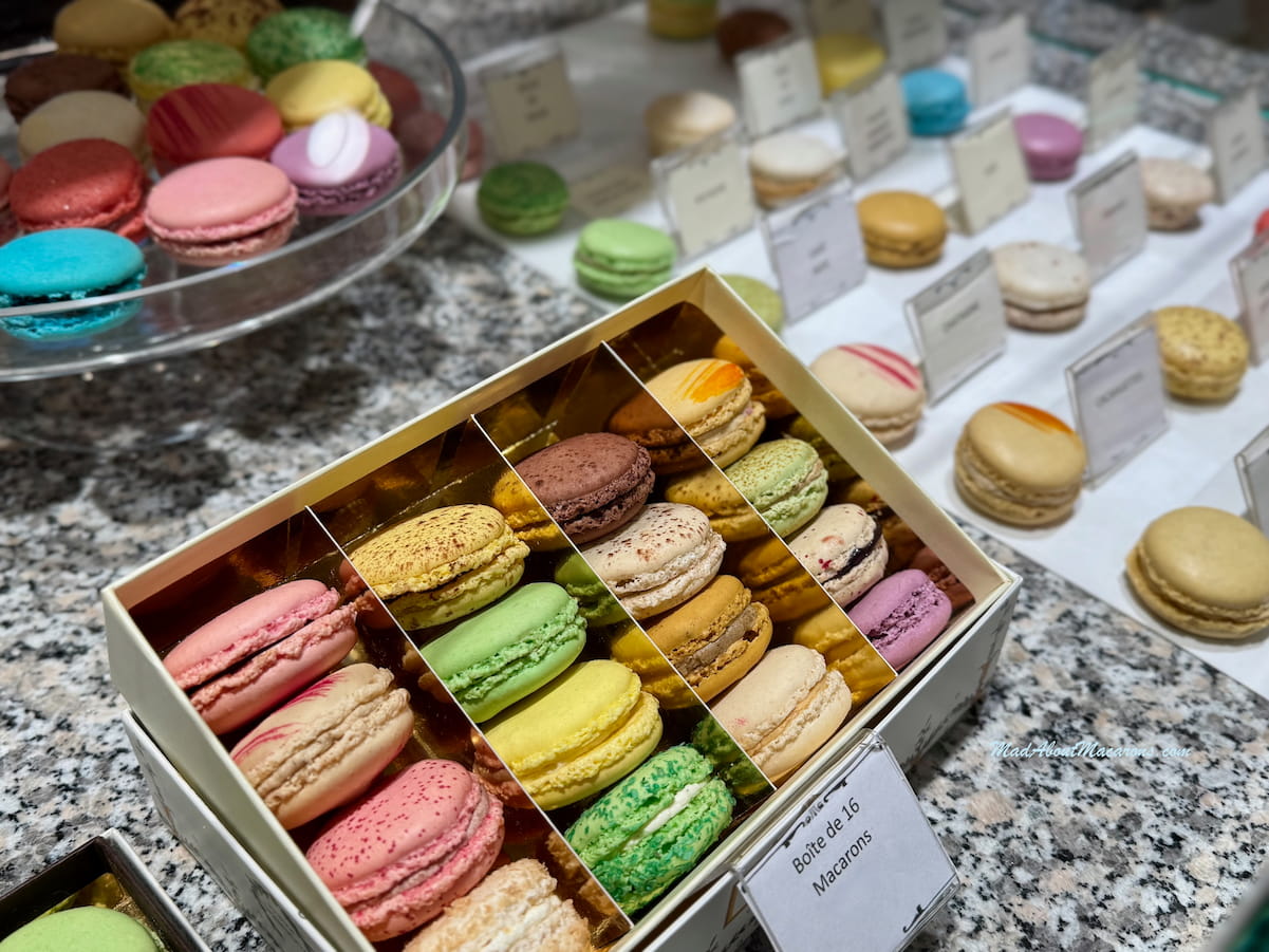 Cafe Pouchine Paris macarons box of various coloured macarons at Foucher in Paris